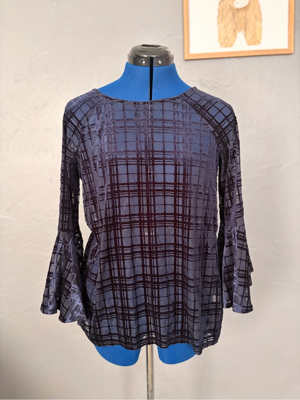 LC Lauren Conrad Navy Plaid Velvet Burnout Bell Sleeve Top
